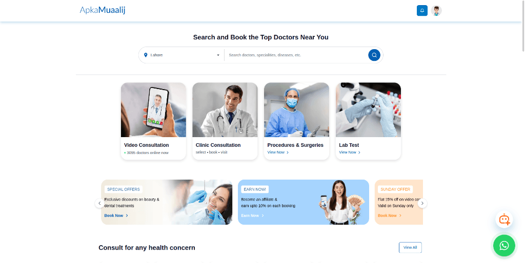ApkaMuaalij digital healthcare platform interface for doctor consultations and appointments
