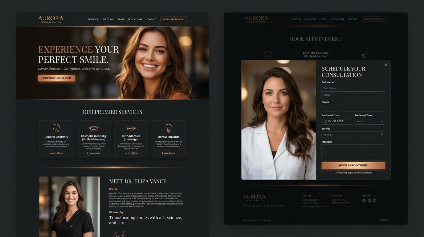 Modern dental clinic web experience with online consultation booking and treatment showcase