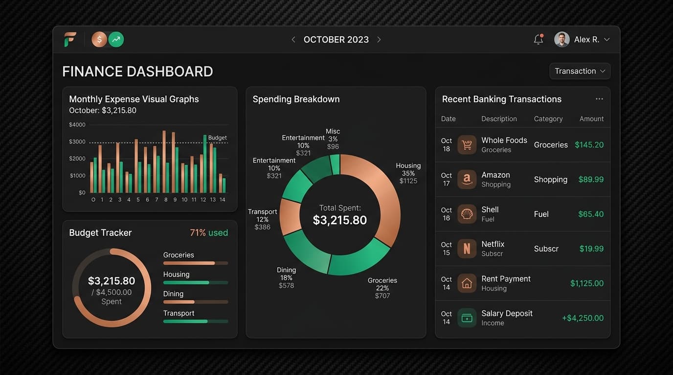 Personal finance manager dashboard with spending breakdown, category donut chart, and budget tracker