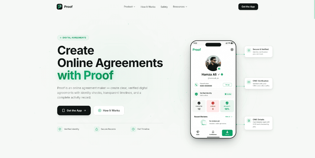 GetProof.tech digital online agreement creation interface and mobile verification flow