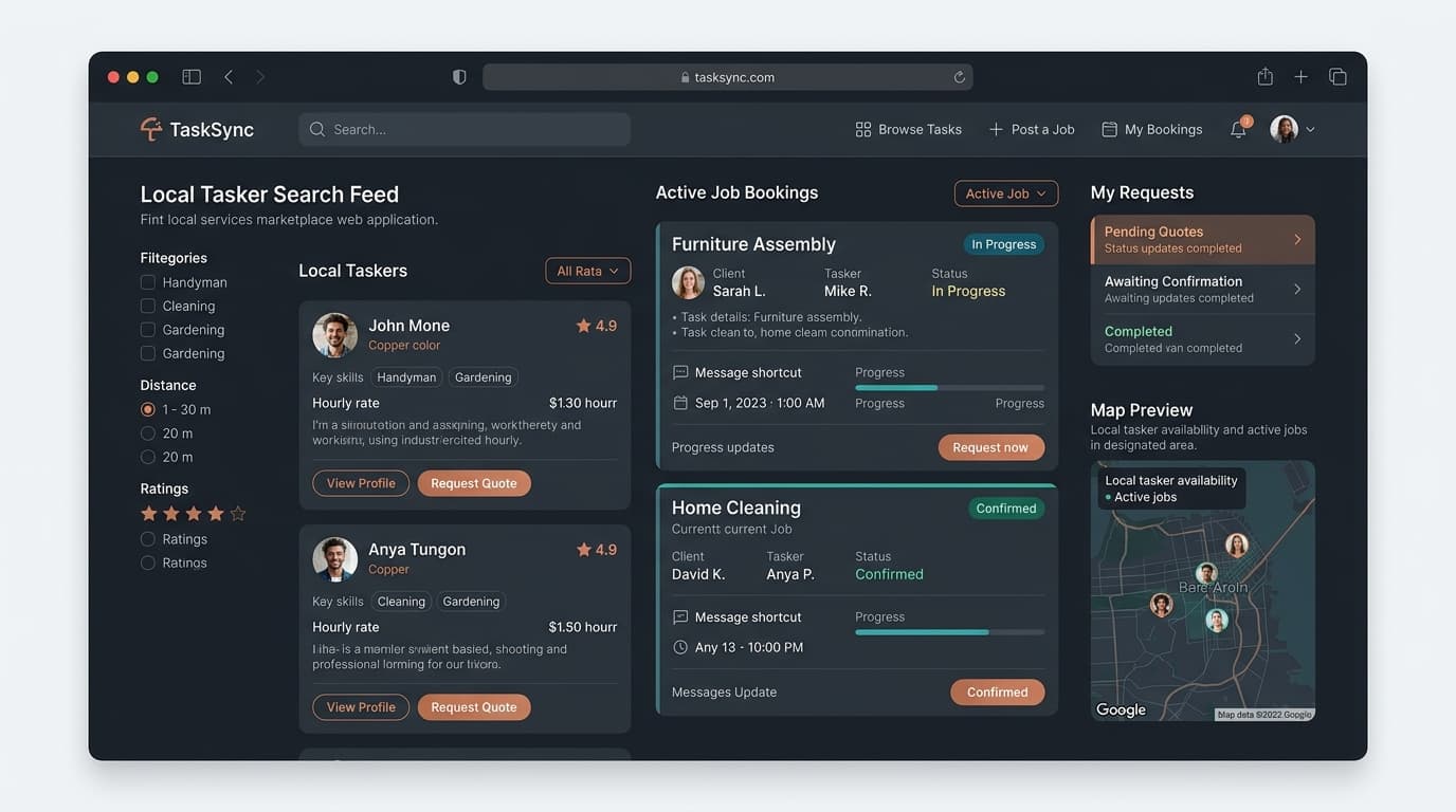 TaskConnect two-sided marketplace interface with active tasker bookings and map preview